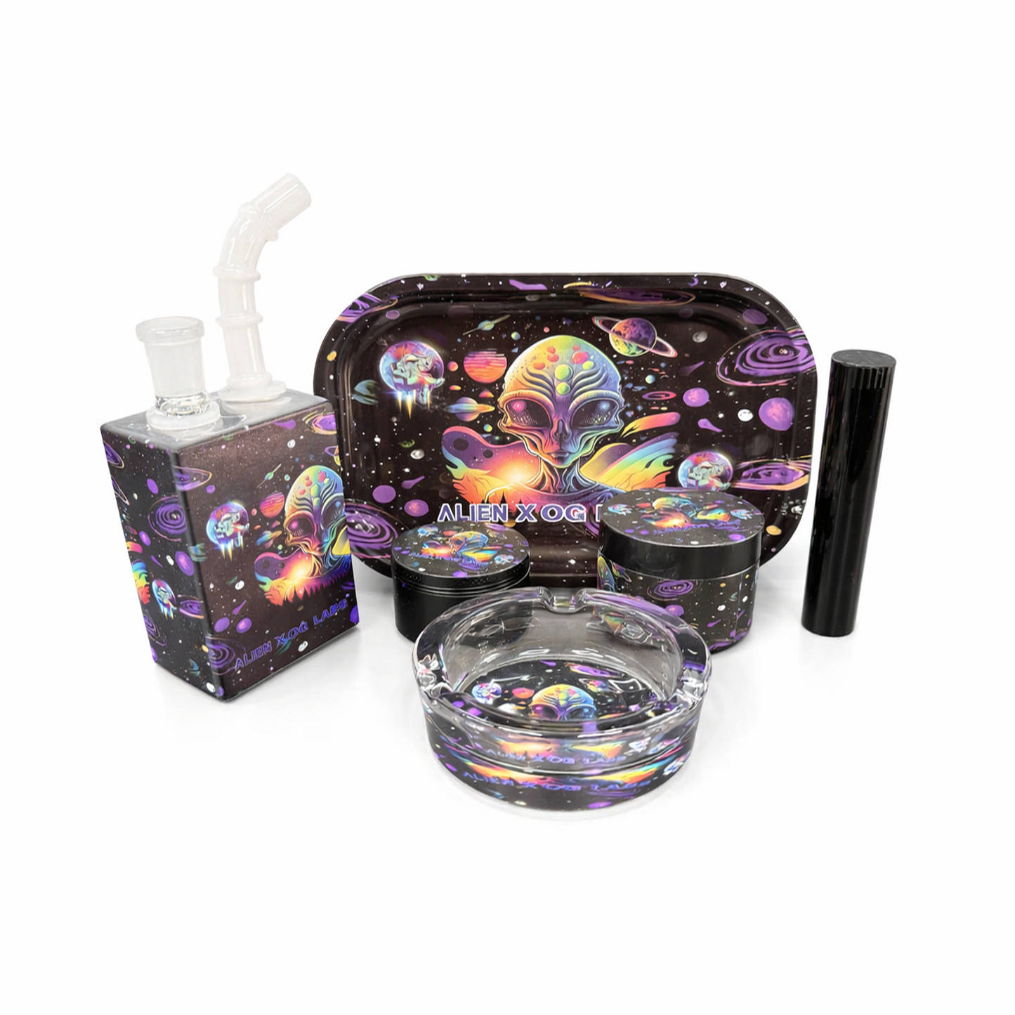 6 Piece Accessory Gift Set – Mini Bong, Grinder, Storage Tub, Holder, Ashtray & Tray Compact Travel Set