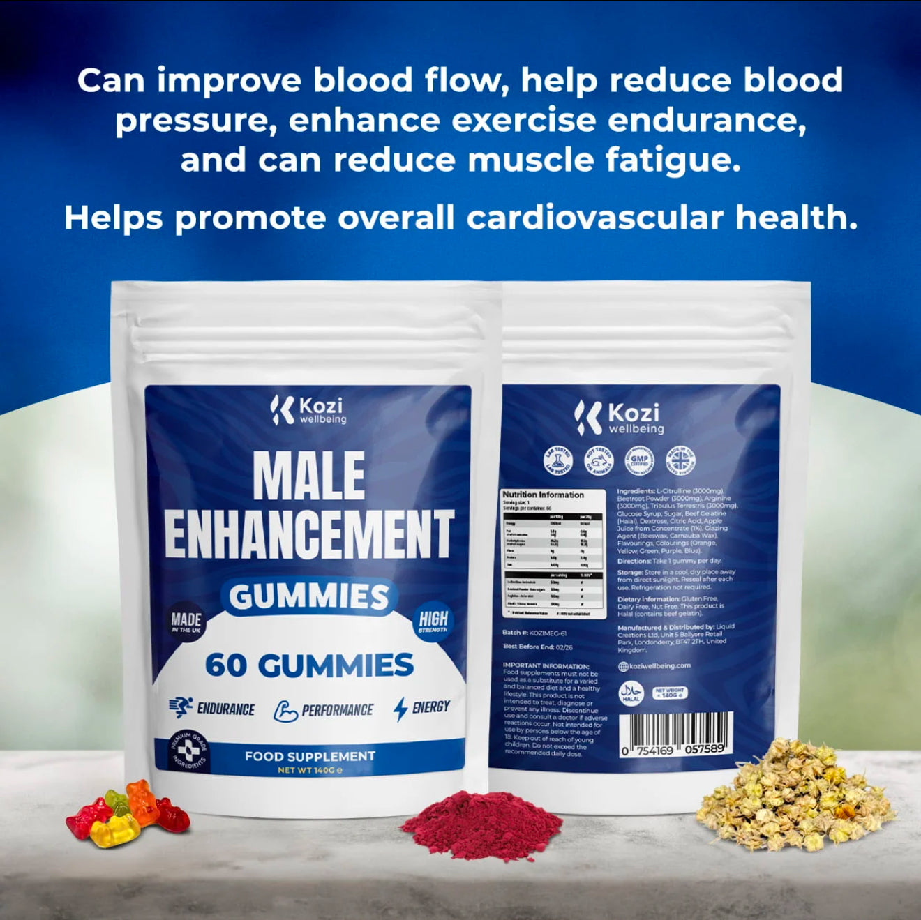 Kozi Wellbeing Health Supplement Male Enhancement Gummies 60 Pack High Strength