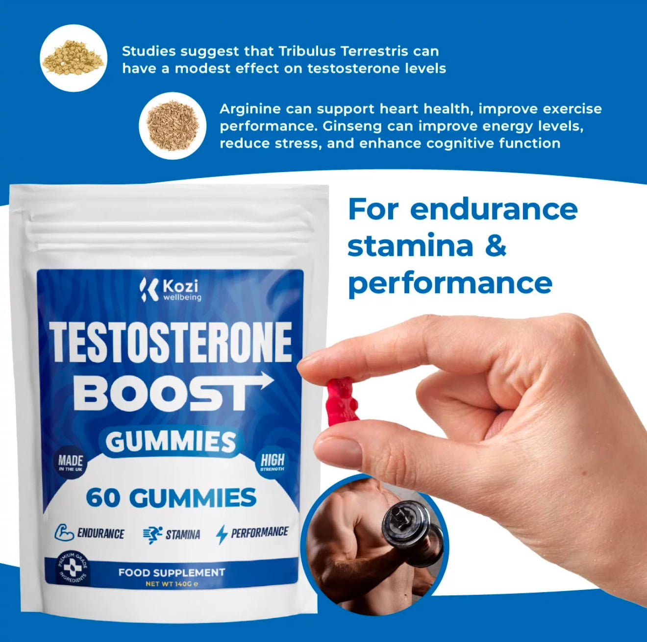 Kozi Wellbeing Health Supplement Testosterone Boost Gummies 60 Pack High Strength