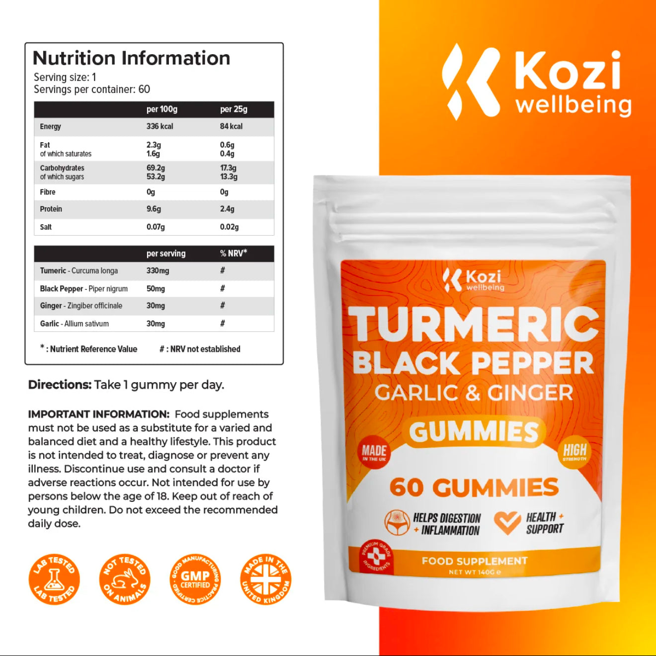 Kozi Wellbeing Health Supplement Turmeric Black Pepper Gummies 60 Pack High Strength