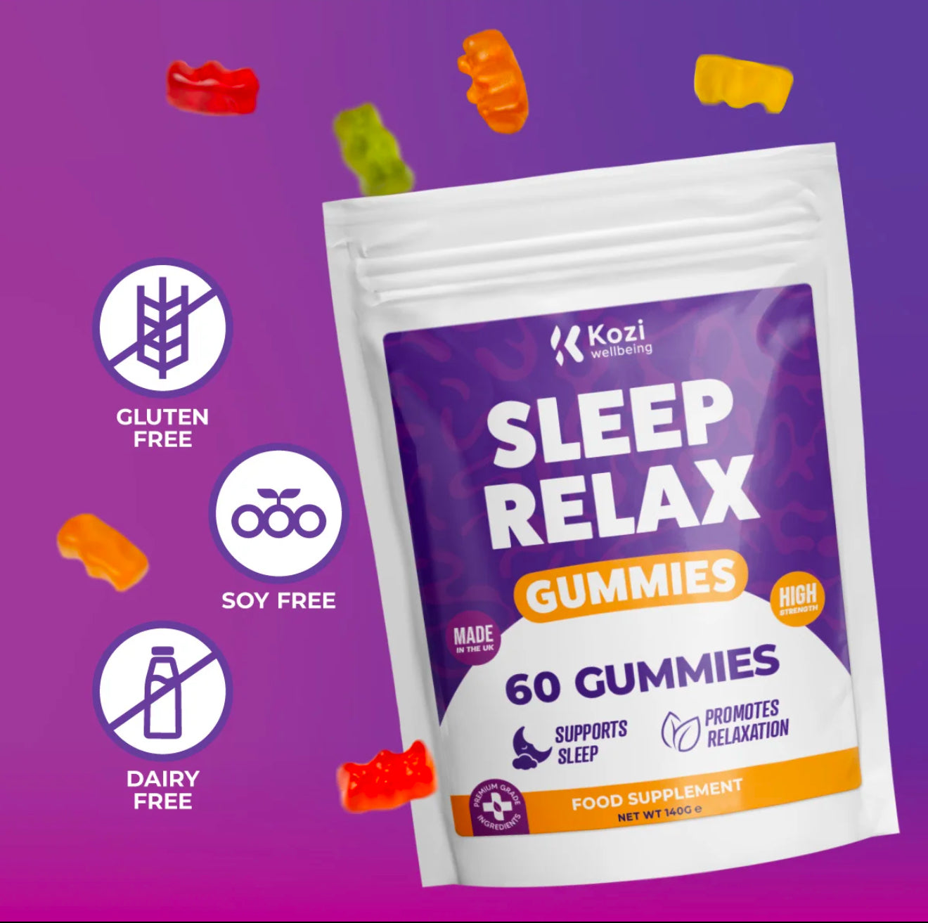Kozi Wellbeing Health Supplement Sleep Relax Gummies 60 Pack High Strength