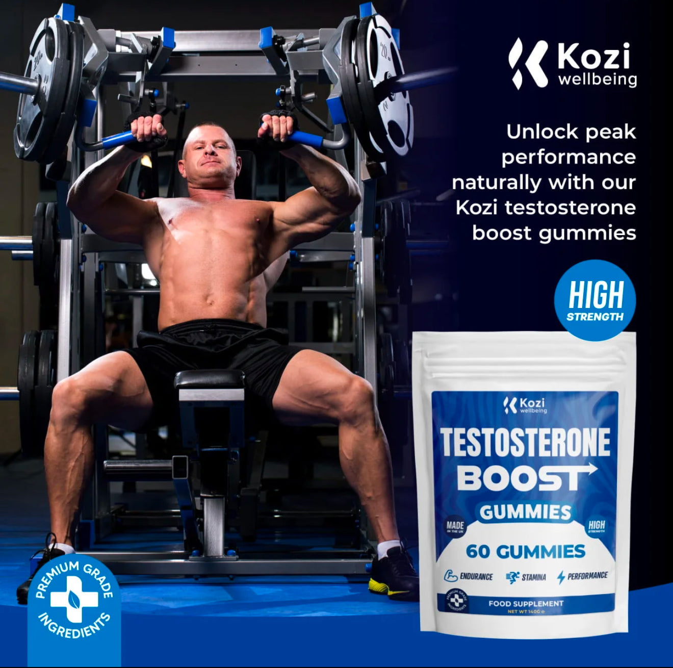 Kozi Wellbeing Health Supplement Testosterone Boost Gummies 60 Pack High Strength
