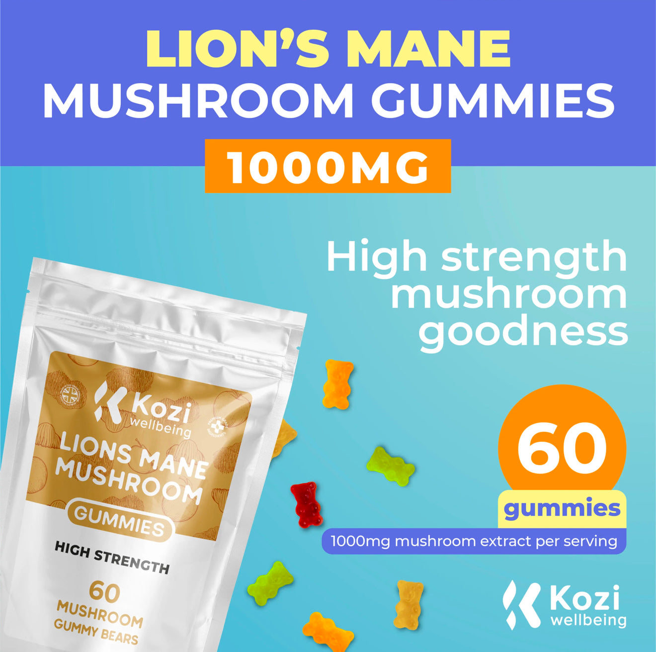 Kozi Wellbeing Health Supplement Lions Mane Mushroom Gummies 60 Pack High Strength