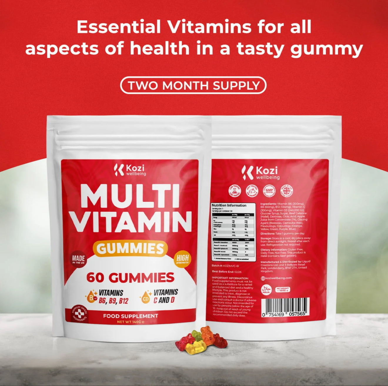 Kozi Wellbeing Health Supplement Multi Vitamin Gummies 60 Pack High Strength