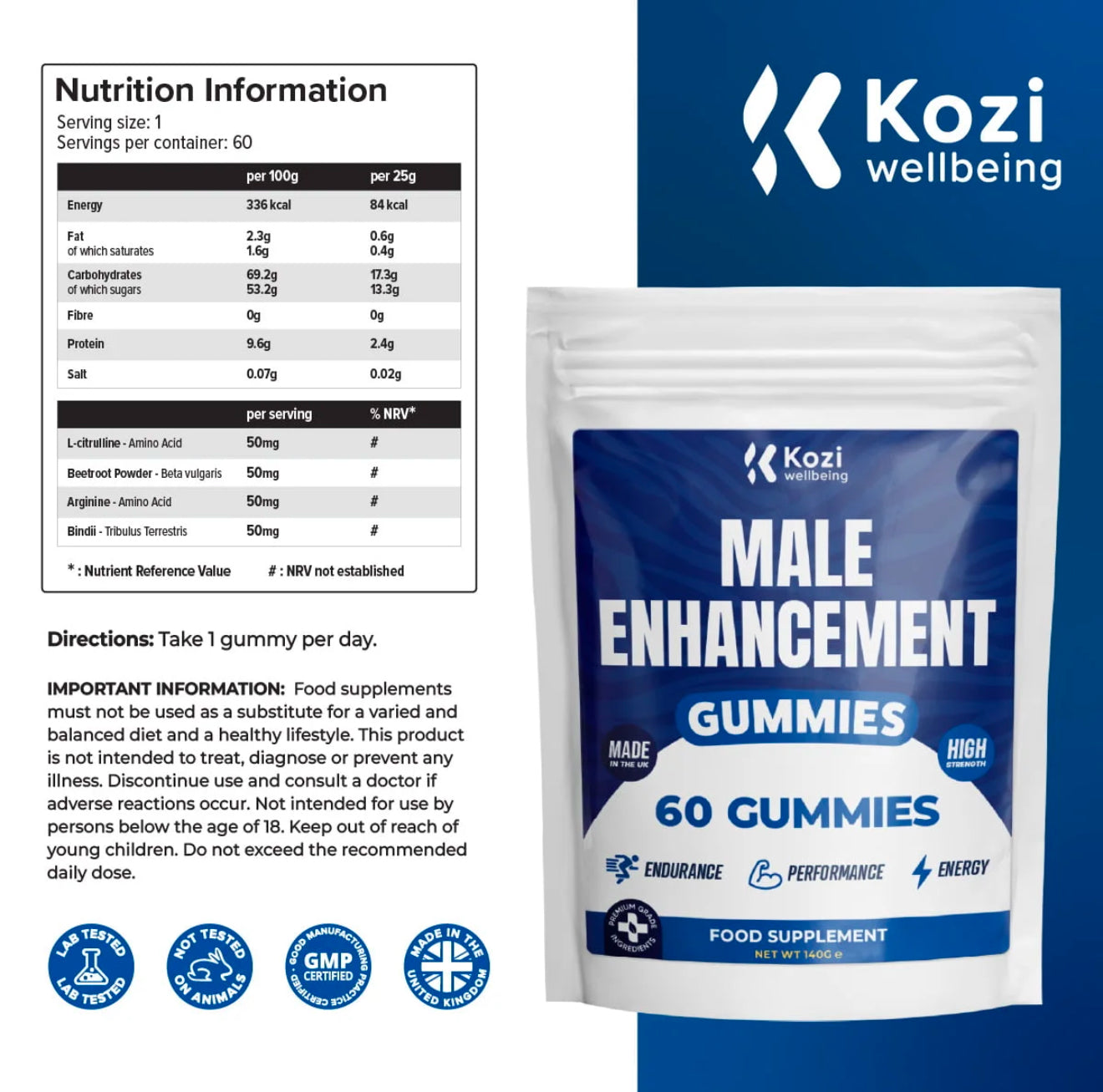 Kozi Wellbeing Health Supplement Male Enhancement Gummies 60 Pack High Strength