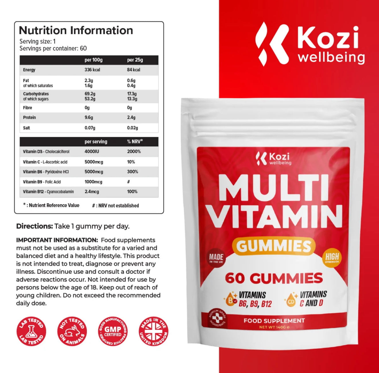 Kozi Wellbeing Health Supplement Multi Vitamin Gummies 60 Pack High Strength
