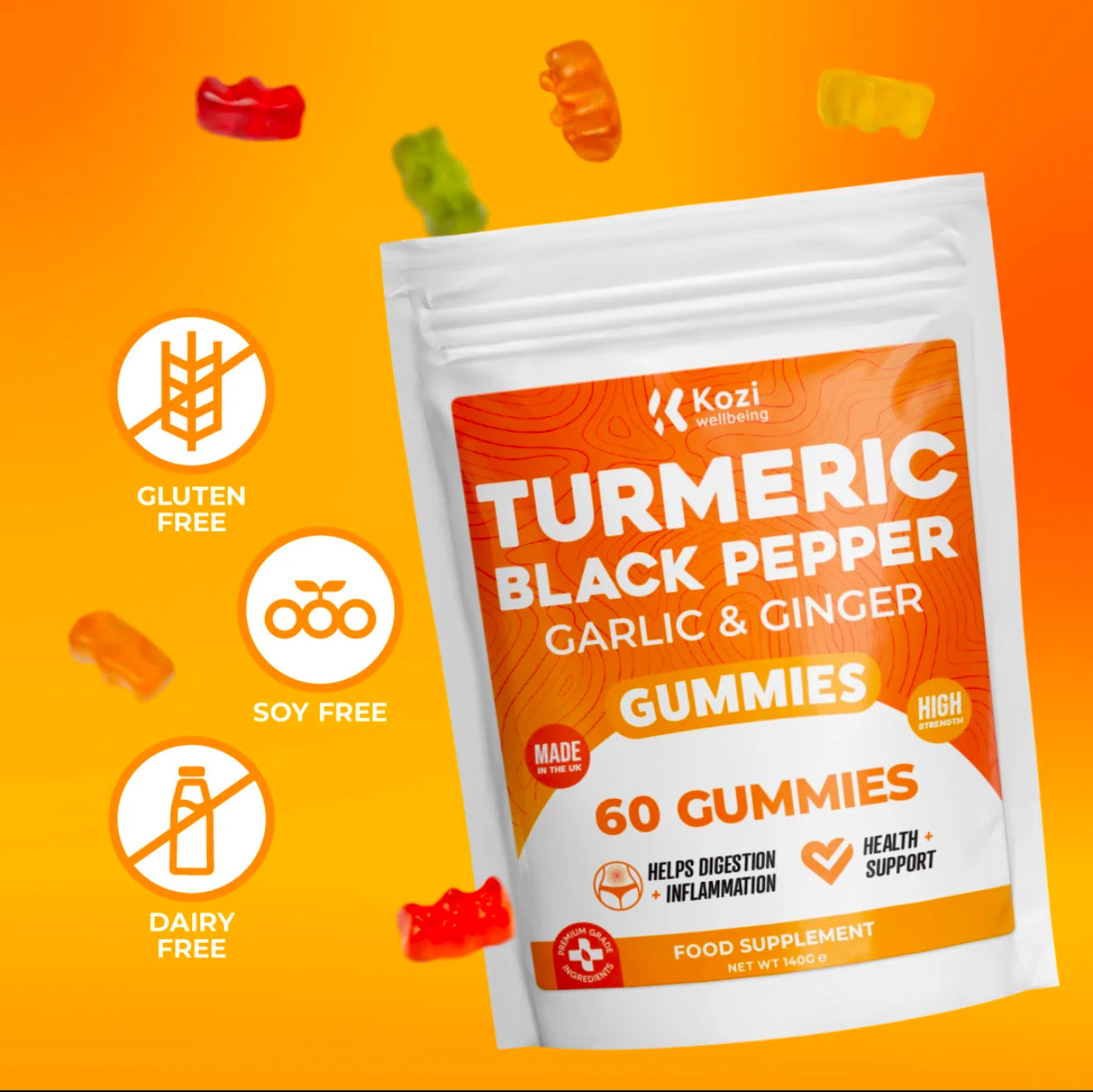 Kozi Wellbeing Health Supplement Turmeric Black Pepper Gummies 60 Pack High Strength