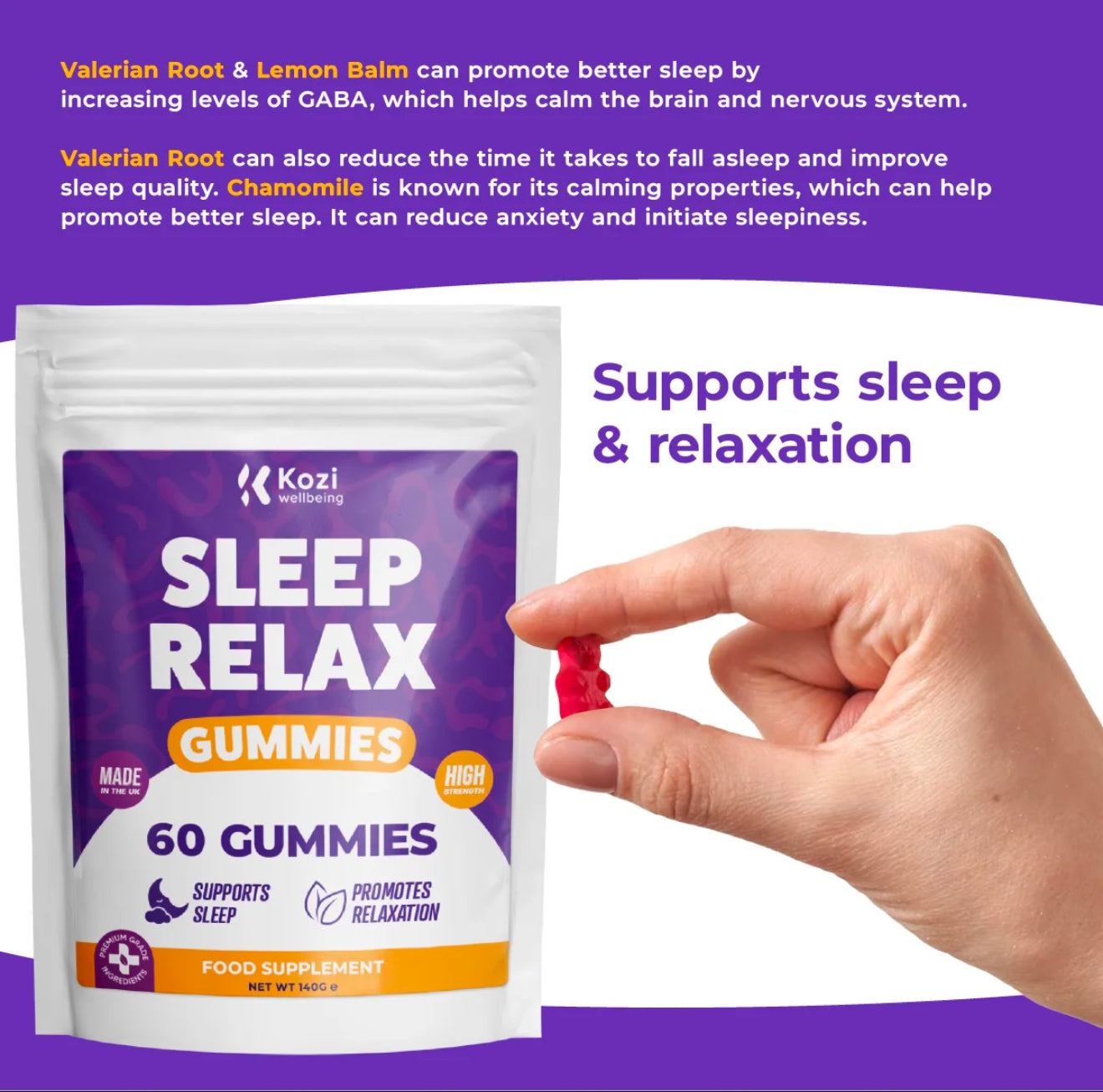Kozi Wellbeing Health Supplement Sleep Relax Gummies 60 Pack High Strength