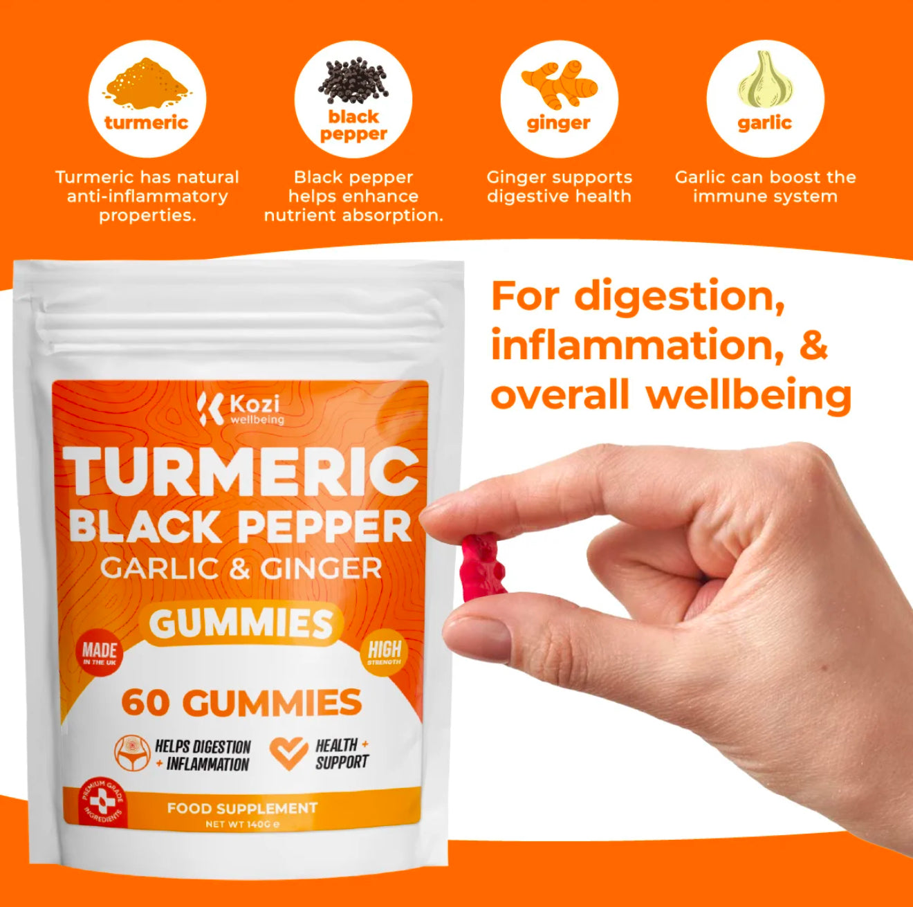 Kozi Wellbeing Health Supplement Turmeric Black Pepper Gummies 60 Pack High Strength