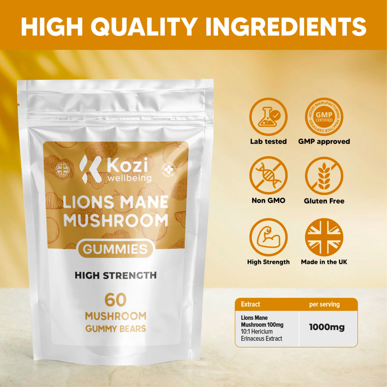 Kozi Wellbeing Health Supplement Lions Mane Mushroom Gummies 60 Pack High Strength