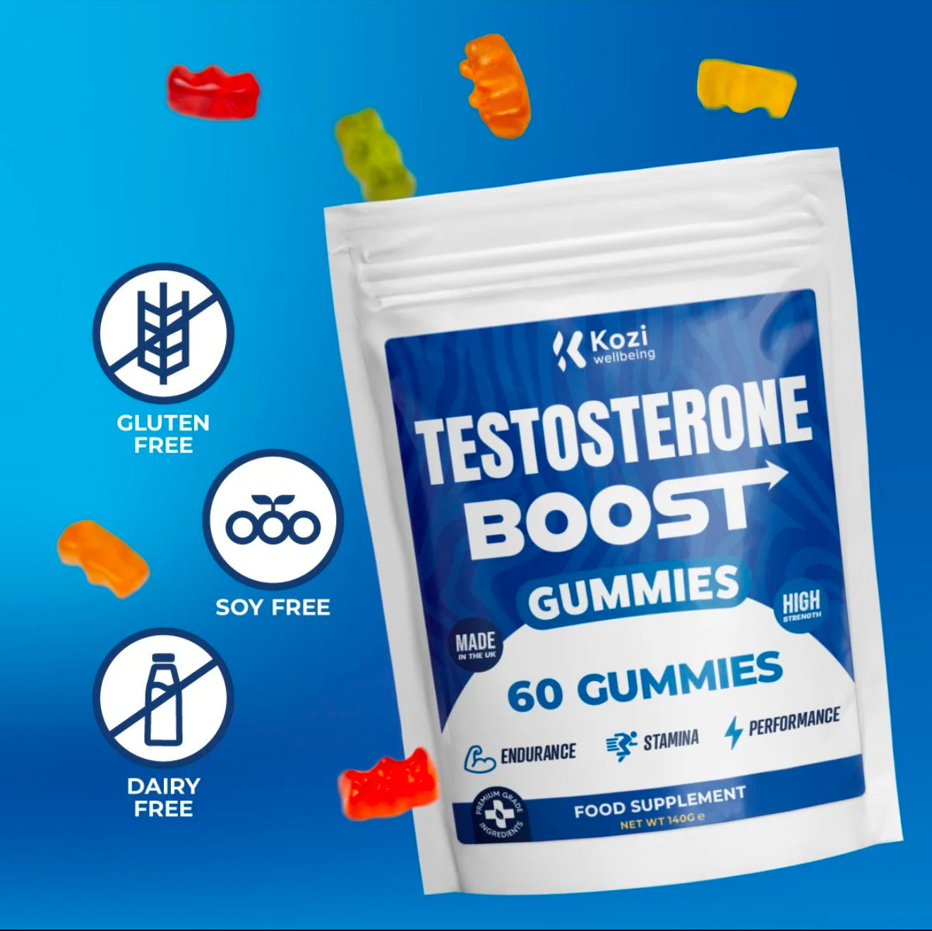 Kozi Wellbeing Health Supplement Testosterone Boost Gummies 60 Pack High Strength