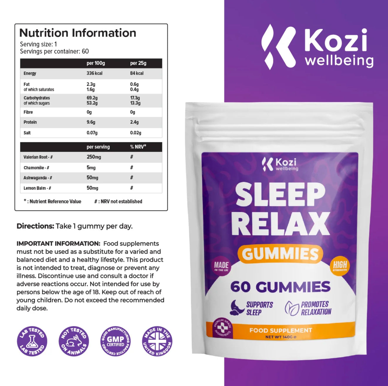 Kozi Wellbeing Health Supplement Sleep Relax Gummies 60 Pack High Strength