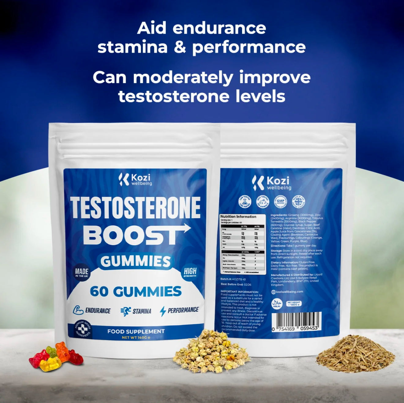Kozi Wellbeing Health Supplement Testosterone Boost Gummies 60 Pack High Strength