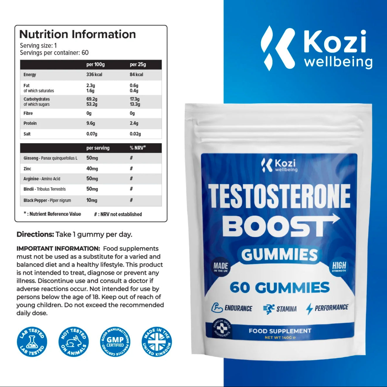 Kozi Wellbeing Health Supplement Testosterone Boost Gummies 60 Pack High Strength
