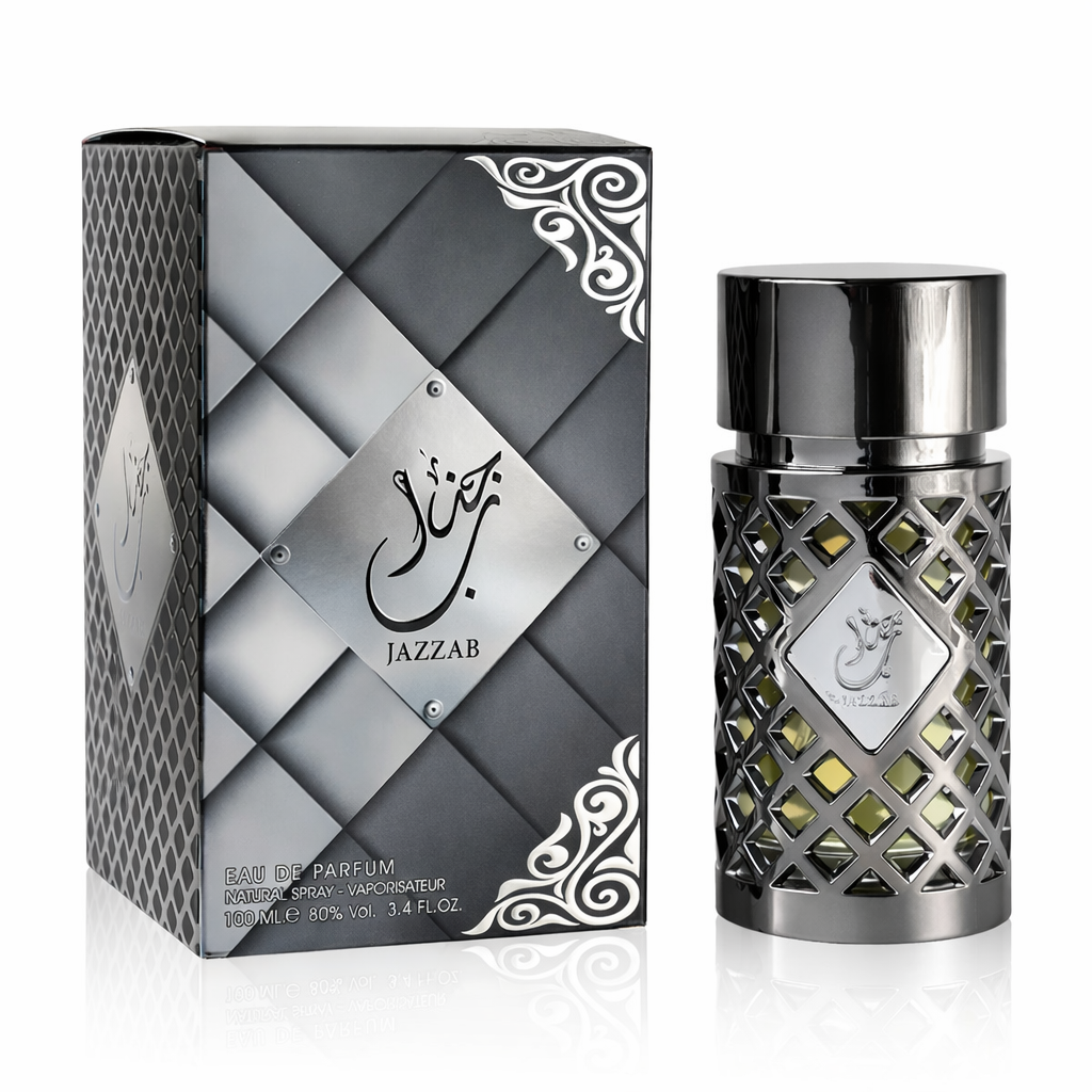 Jazzab Silver by Ard Al Zaafaran Eau De Parfum 100ml – metallic silver lattice perfume bottle with matching diamond‑patterned box, displayed on a pure white background with a glossy finish.