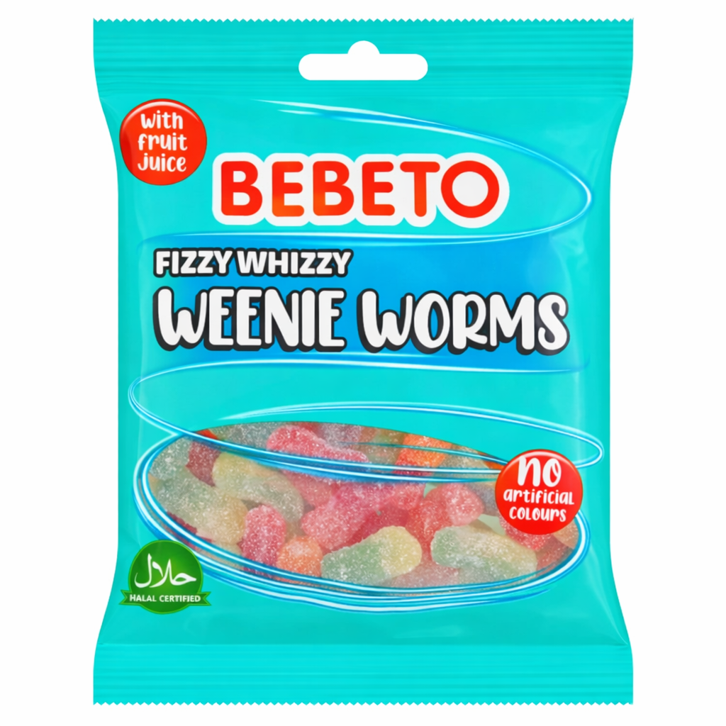 Packaging of BEBETO Fizzy Whizzy Weenie Worms with a clear window showing the gummy worms inside on a pure white background.