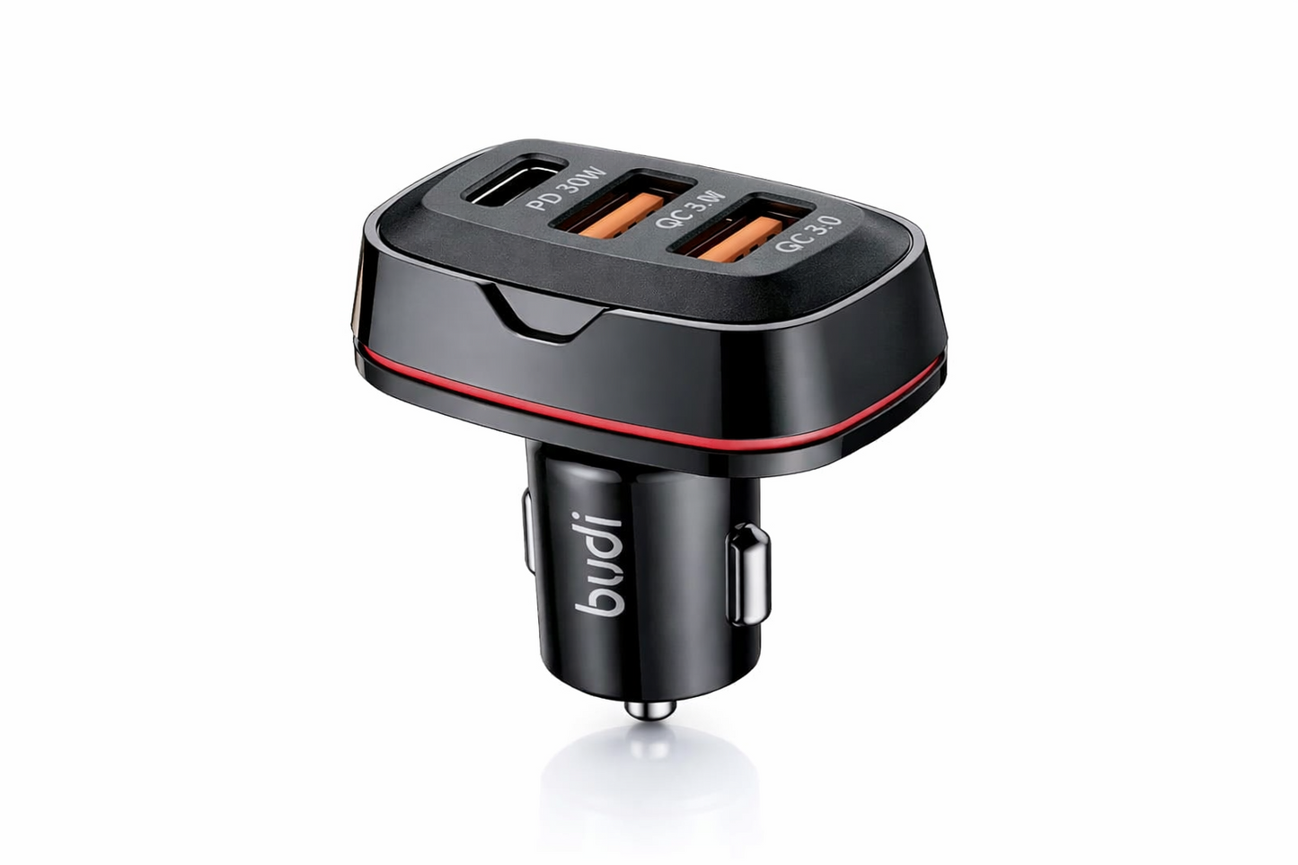Black car charger with multiple ports on a white background
