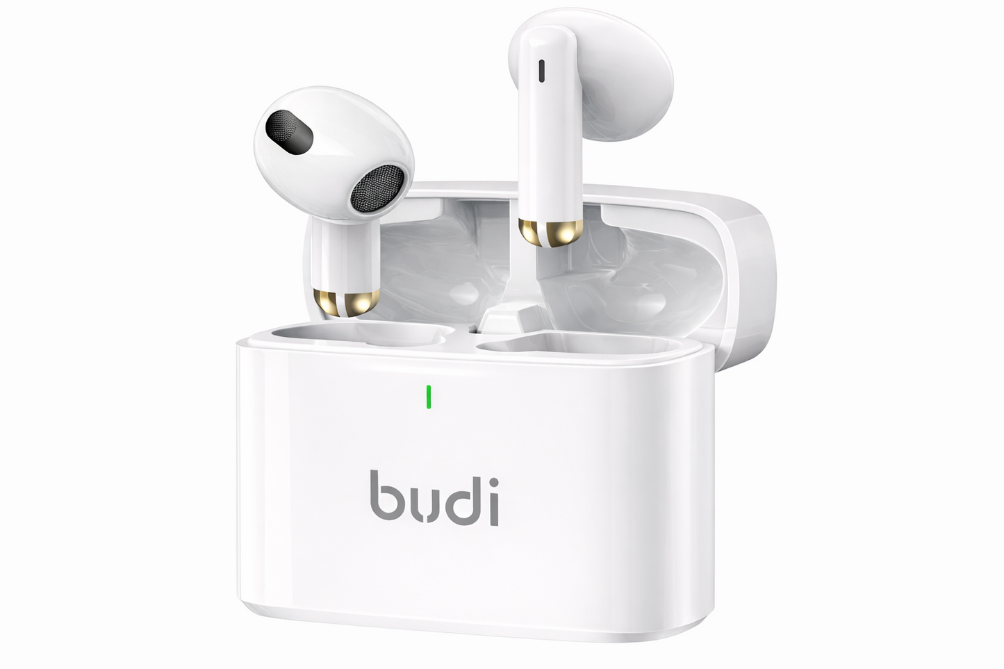 White wireless earbuds with charging case on a white background, featuring the brand 'budi'.