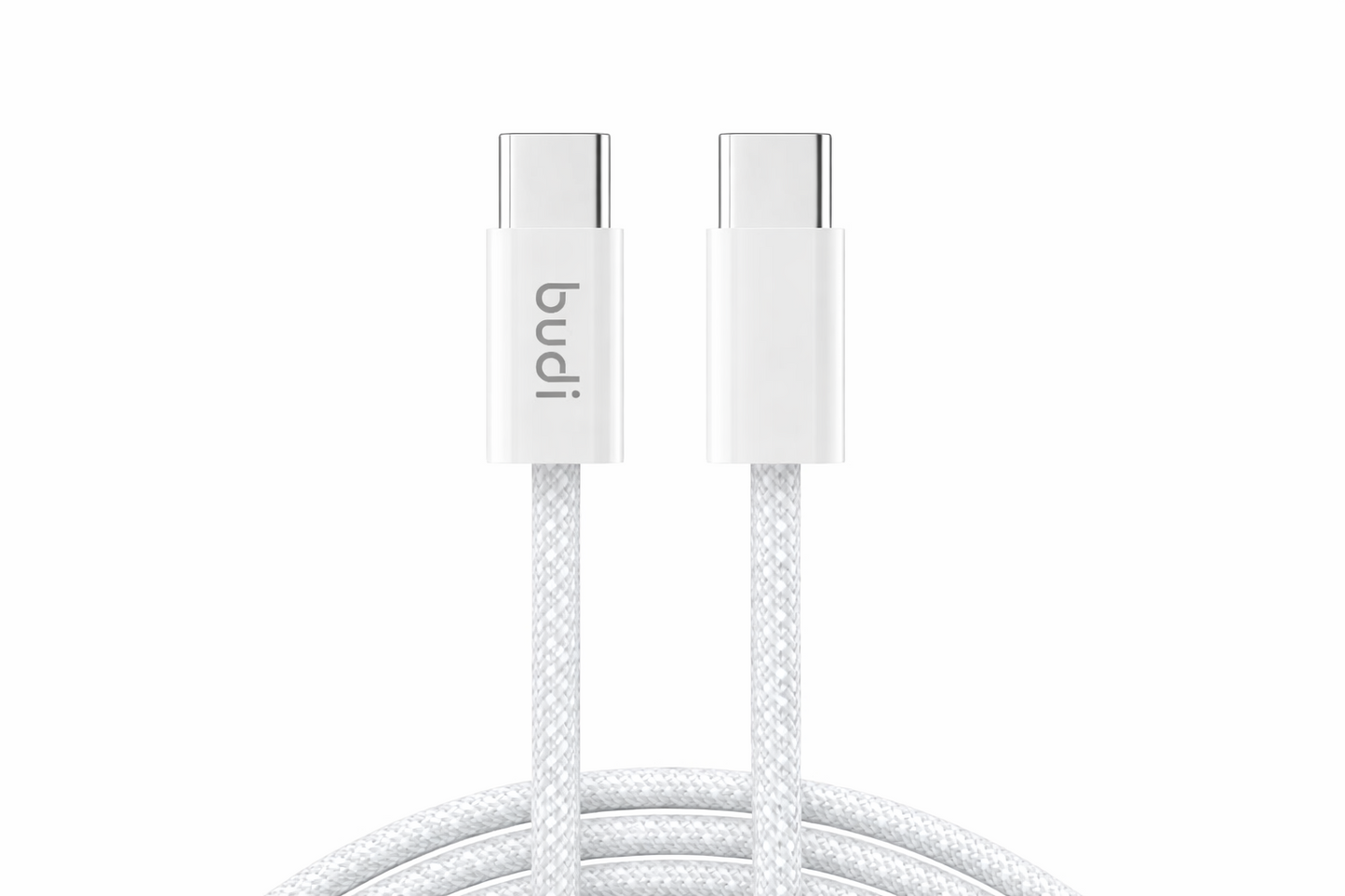 White charging cable with 'budi' branding on a white background