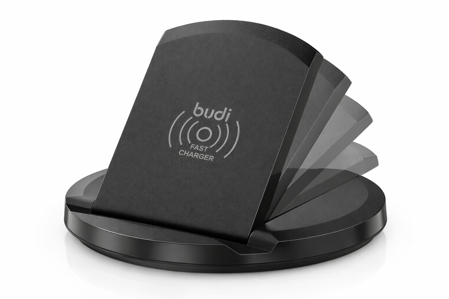 Budi wireless charge dock on a pure white background.