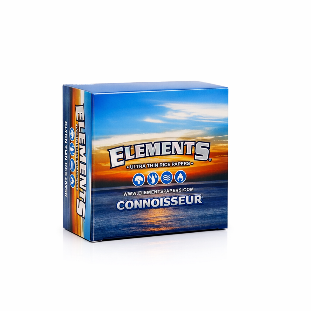 Elements Connoisseur King Size rolling papers with tips full box in blue branded packaging displayed on a pure white background.