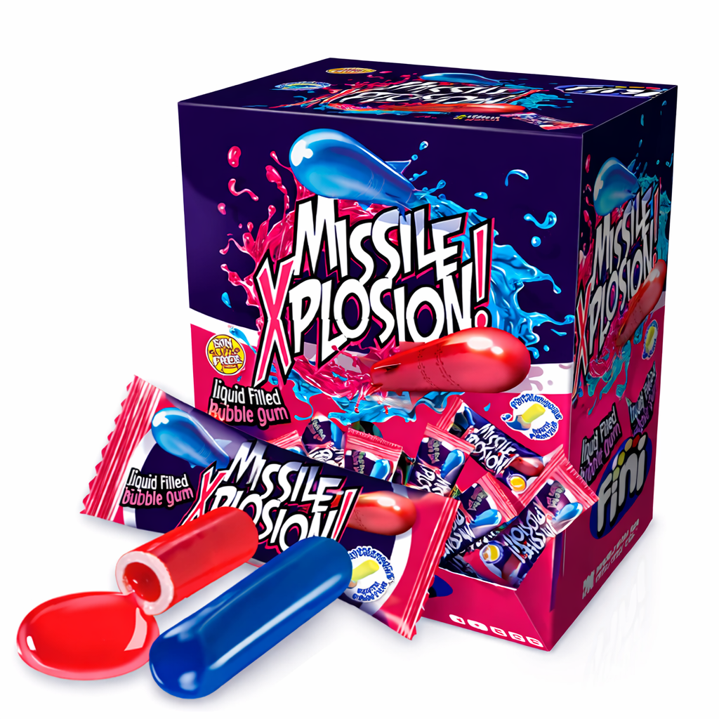 Fini Missile Xplosion liquid‑filled bubble gum box shown upright with colourful branded packaging on a pure white background.
