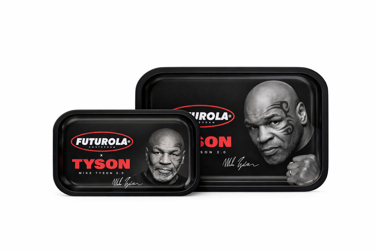 Futurola x Tyson metal rolling tray shown in branded design on a pure white background.