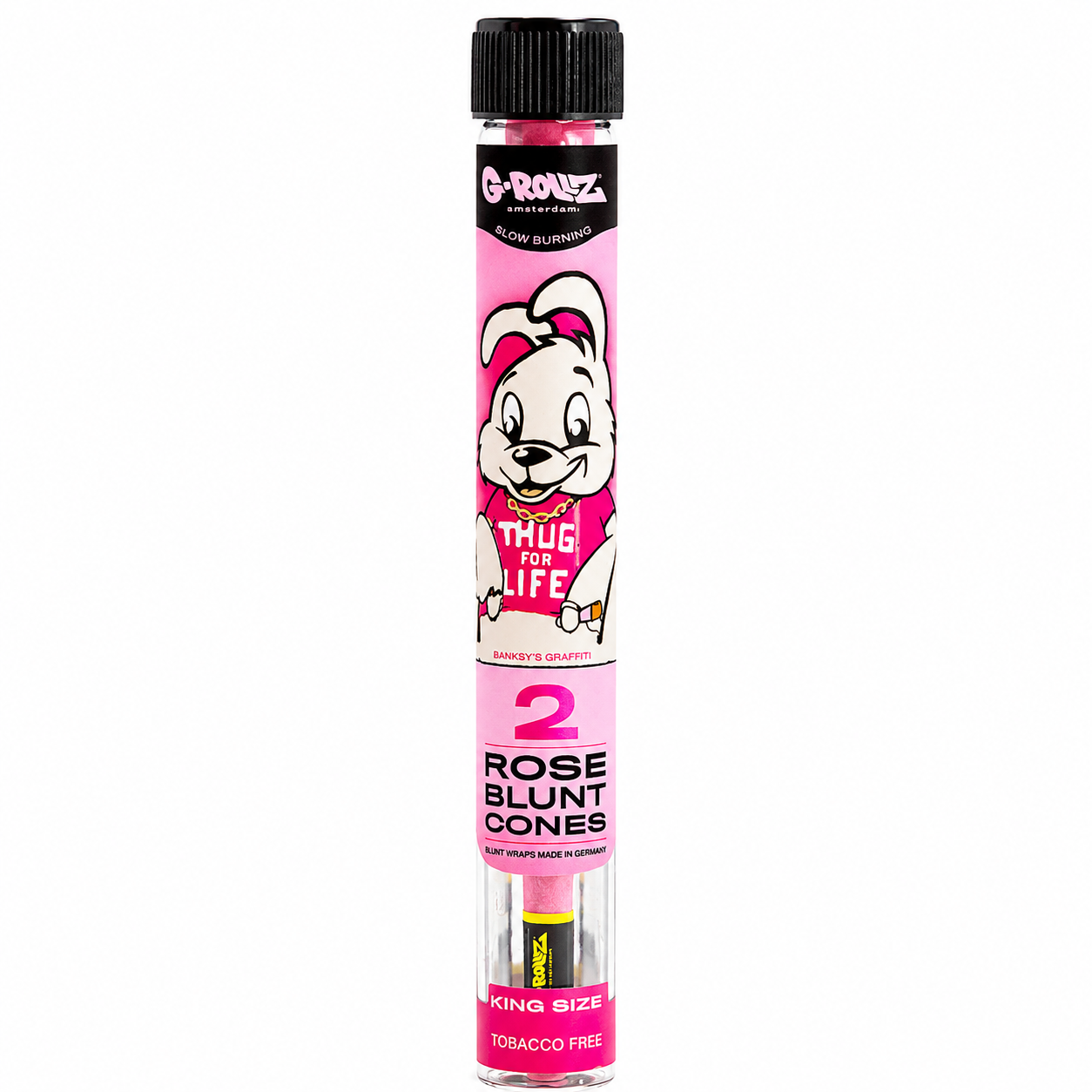 G‑Rollz pre‑rolled cones 2‑piece glass tube accessory shown in branded artwork packaging on a pure white background.