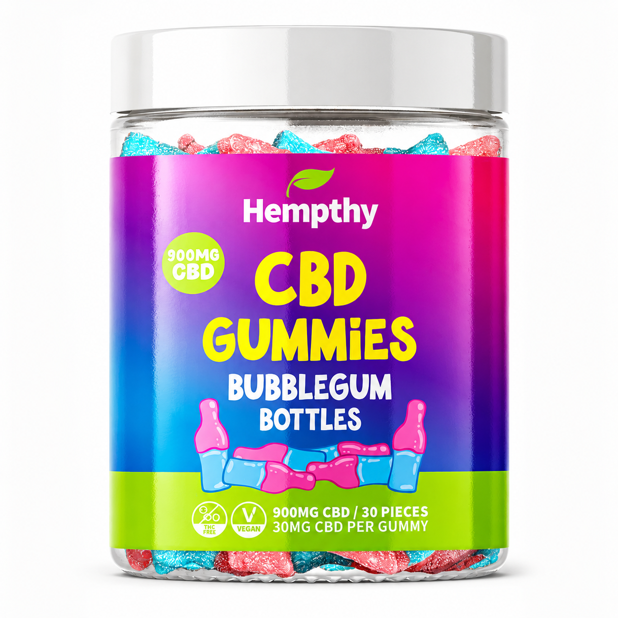 Hempthy 900mg CBD gummies bottle with assorted flavours displayed clearly for premium CBD gummy presentation.