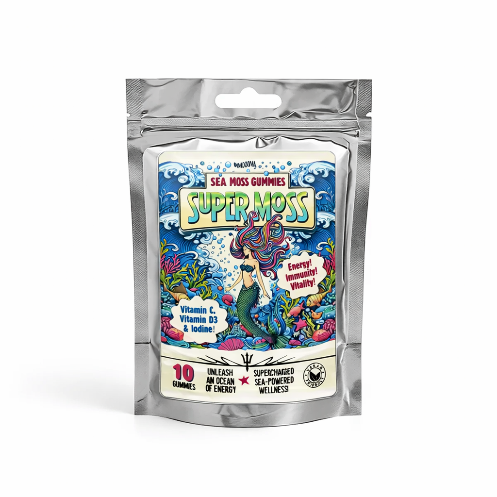 Innooova Super Moss Gummies pack of 10 shown upright in a silver resealable pouch with clear branding on a pure white background.
