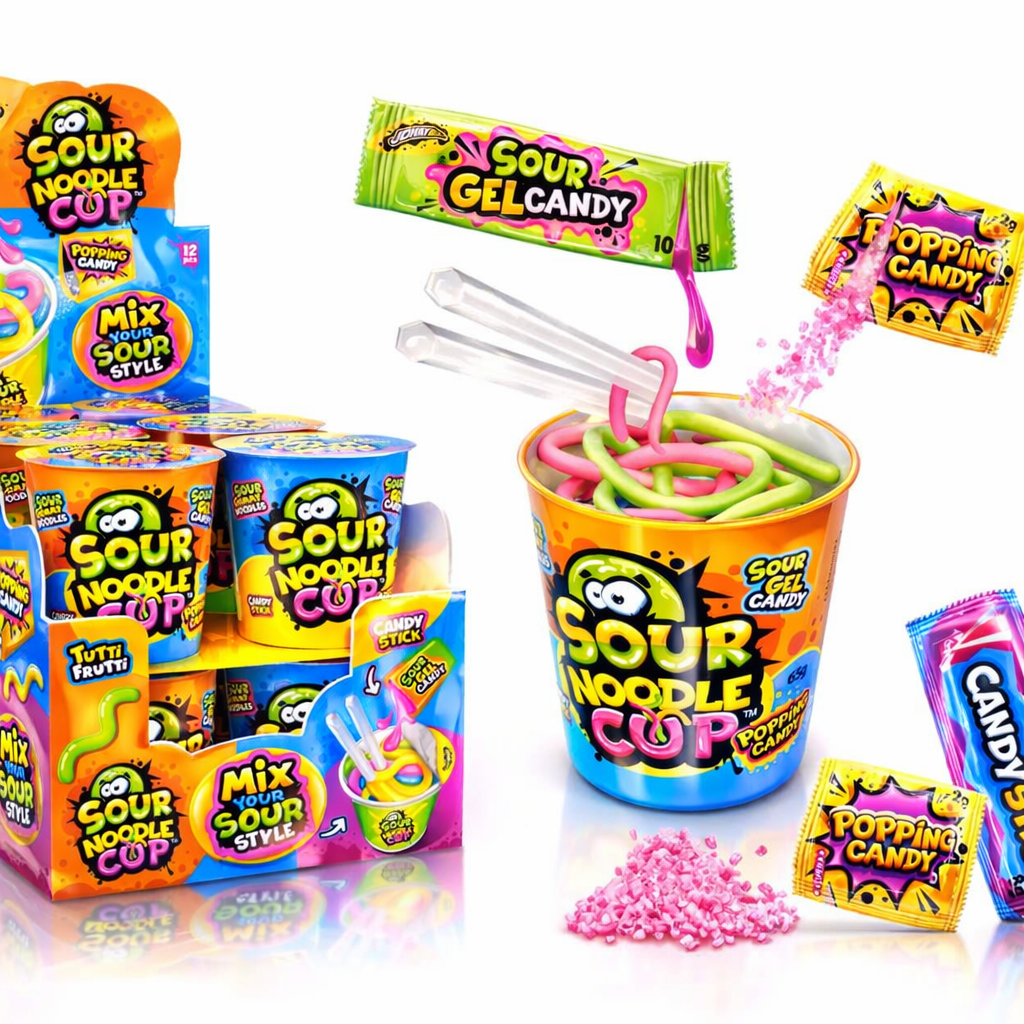 Johny Bee Sour Noodle Cup Gel Popping Candy 65g shown upright with colourful cup packaging and included gel and popping candy sachets on a pure white background.