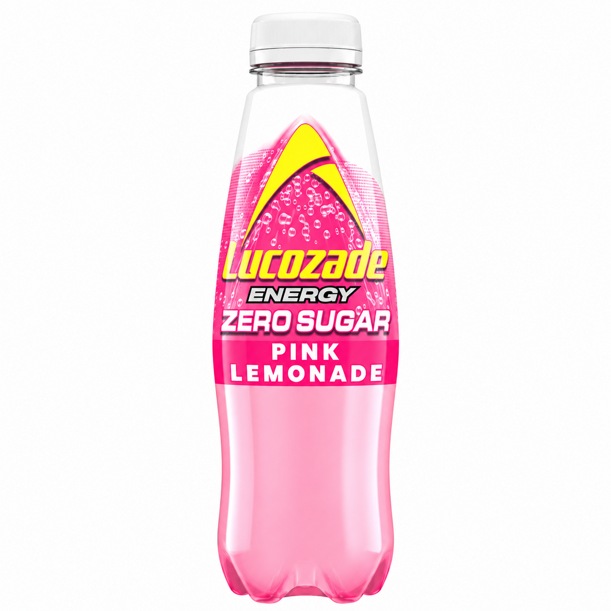 Lucozade Energy Zero Sugar Pink Lemonade bottle on a pure white background.