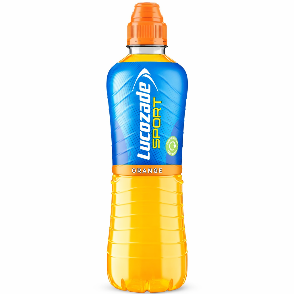 Lucozade Sport Orange 500ml bottle shown upright with blue and yellow branded label on a pure white background.