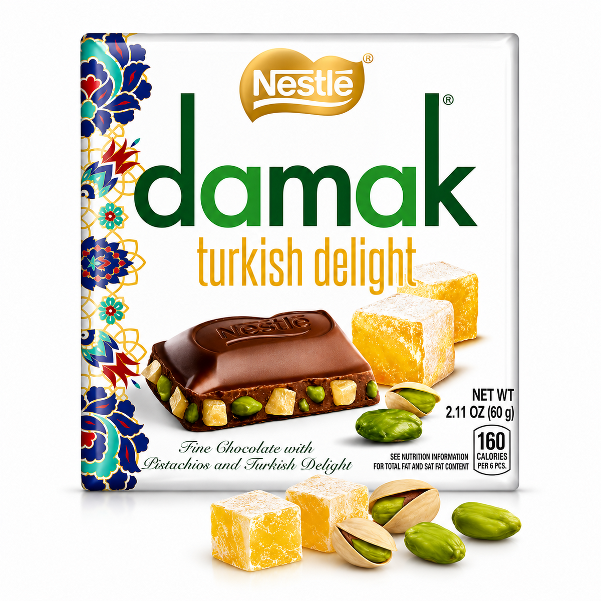 Nestle Damak Turkish Delight with chocolate and nougat pieces on a pure white background.