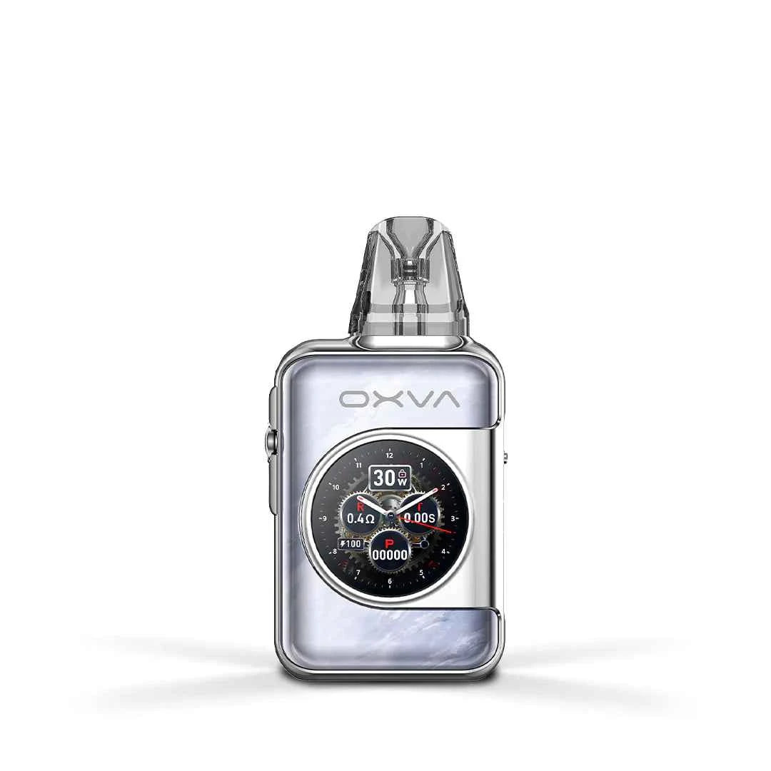 OXVA SQ Pro 2 pod device in Frost Marble standing upright on a pure white background, showing its metallic finish and compact square design.