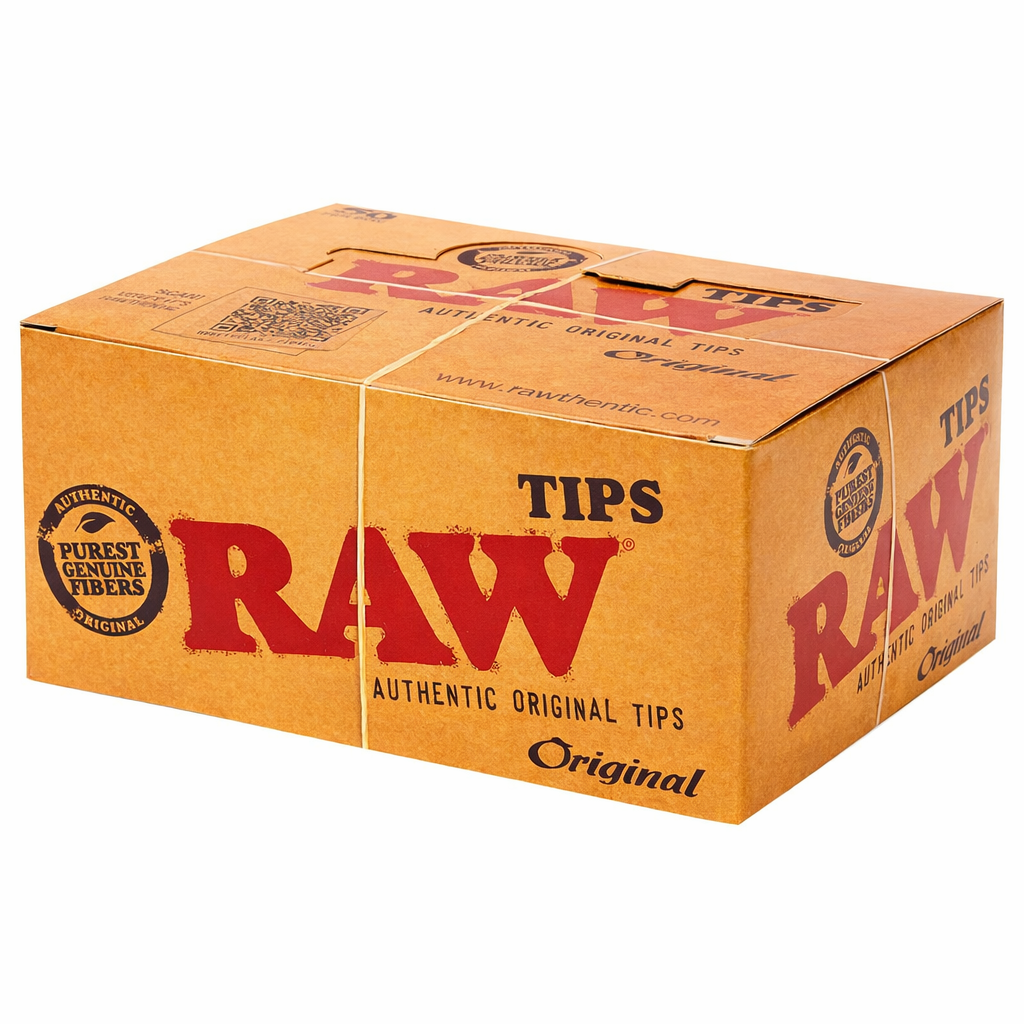 RAW Authentic Original Tips full box shown in classic RAW packaging on a pure white background.
