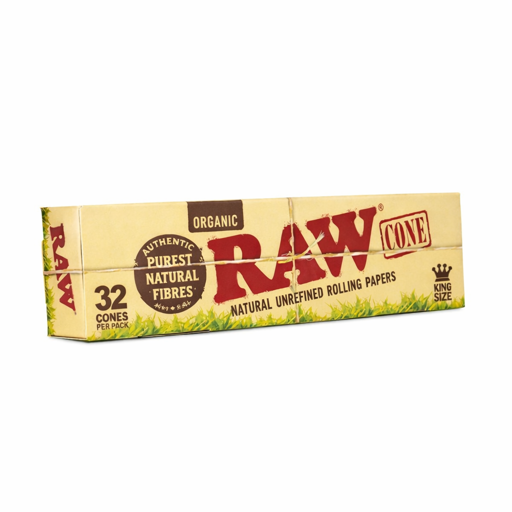 RAW King Size pre‑rolled cones 32‑piece pack shown in natural‑brown branded packaging on a pure white background.