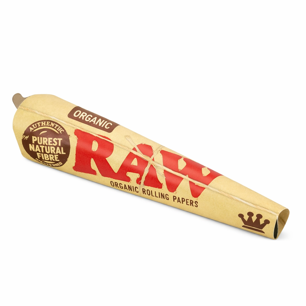 RAW Organic King Size pre‑rolled cones 3‑piece pack shown in natural‑brown branded packaging on a pure white background.
