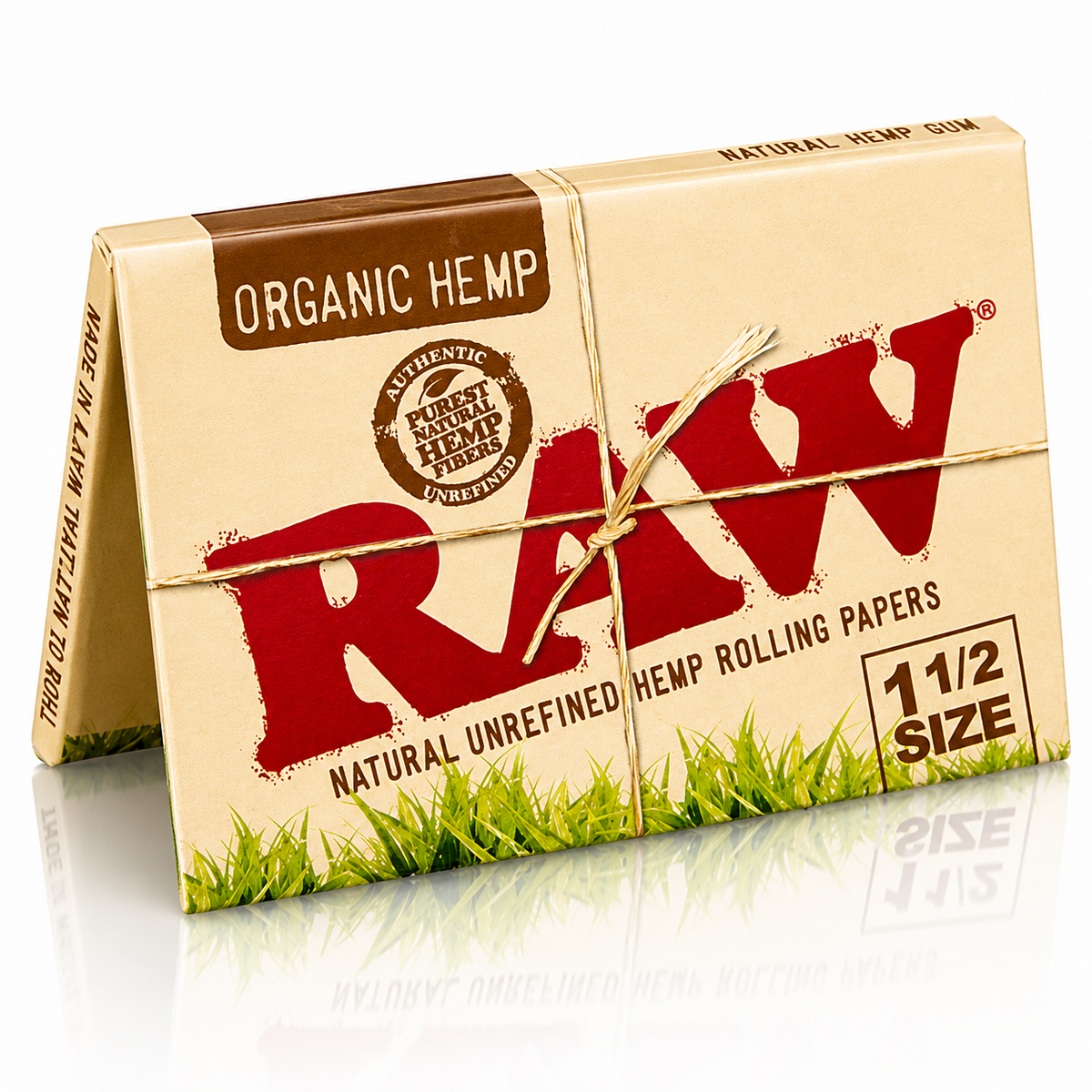 Raw natural unbleached rolling papers in 1 1/2 size displayed in branded packaging on a pure white background.