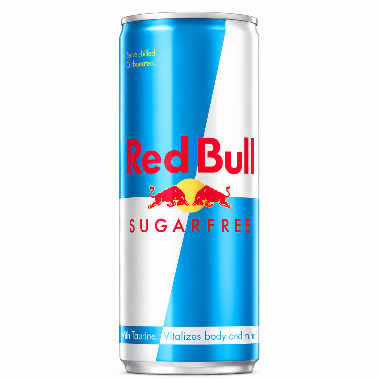 Red Bull Sugarfree energy drink can on a pure white background.