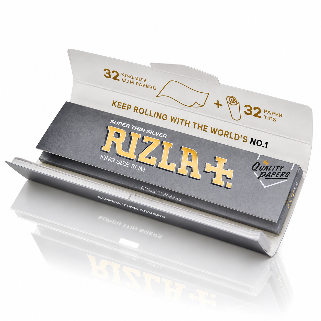 A pack of RIZLA+ Super Thin Silver slim papers with 32 ring size papers and 32 paper tips, shown in its silver and white packaging on a reflective pure white background.