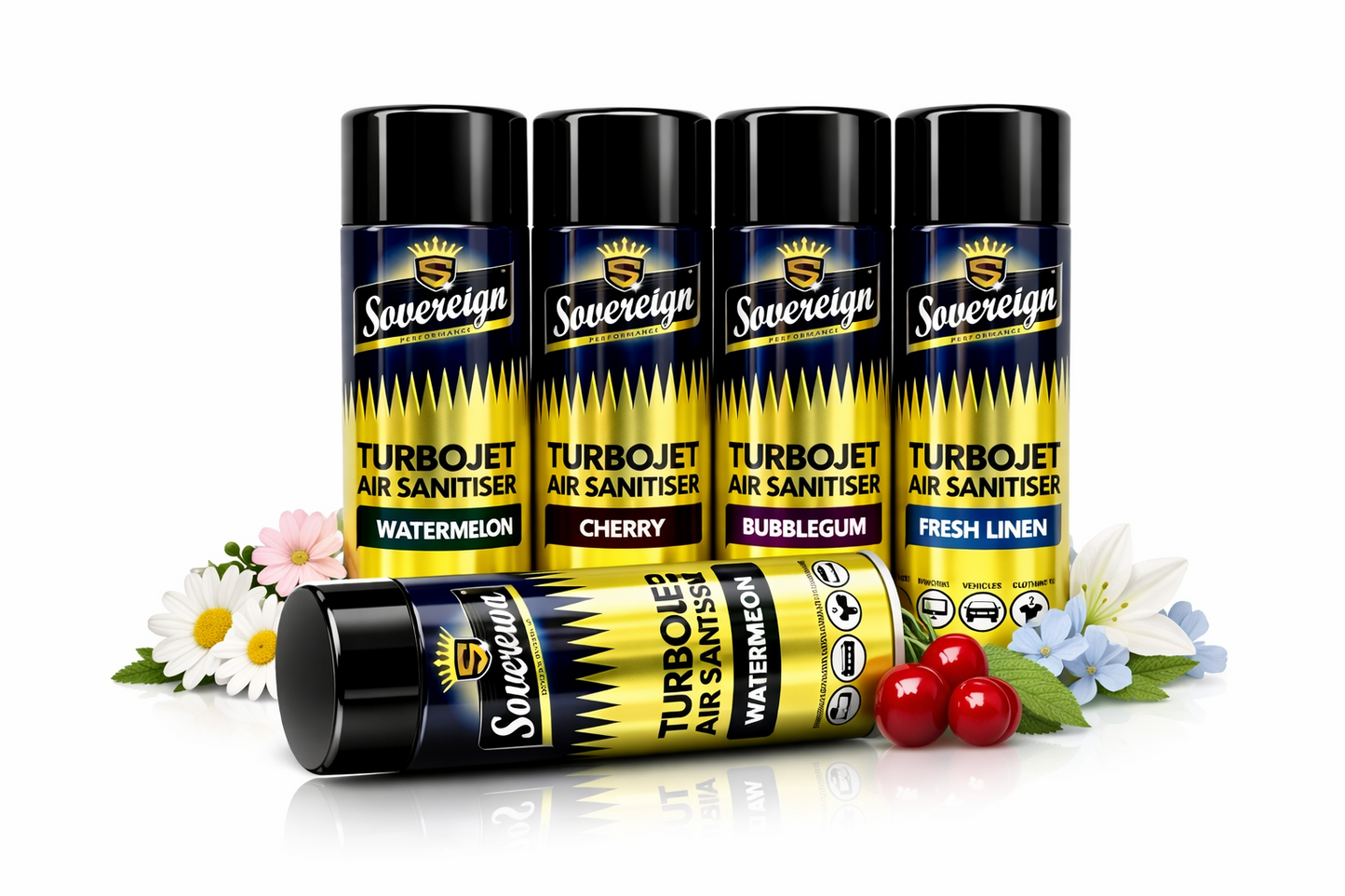 Bottles of Sovereign Turbojet Air Sanitiser with different scents on a pure white background.