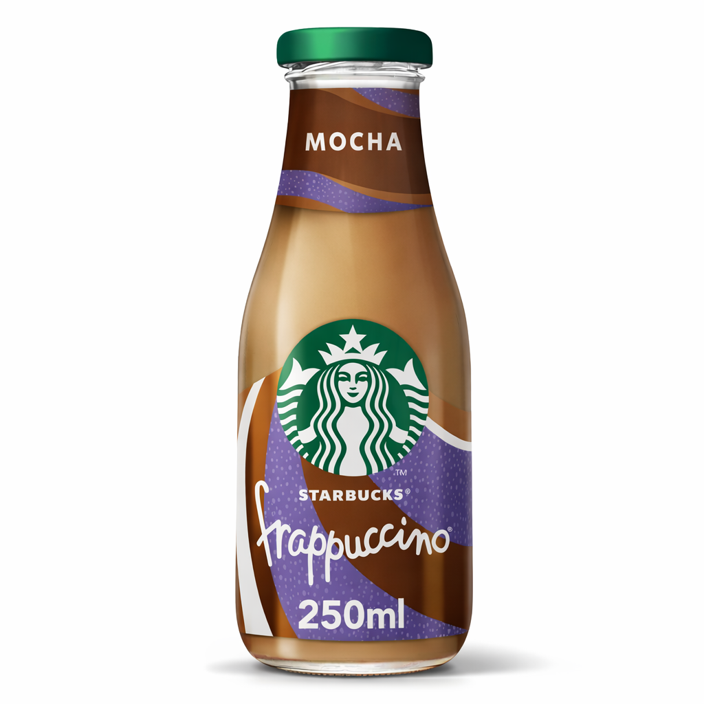 Starbucks Frappuccino Mocha coffee drink bottle shown in branded packaging on a pure white background.