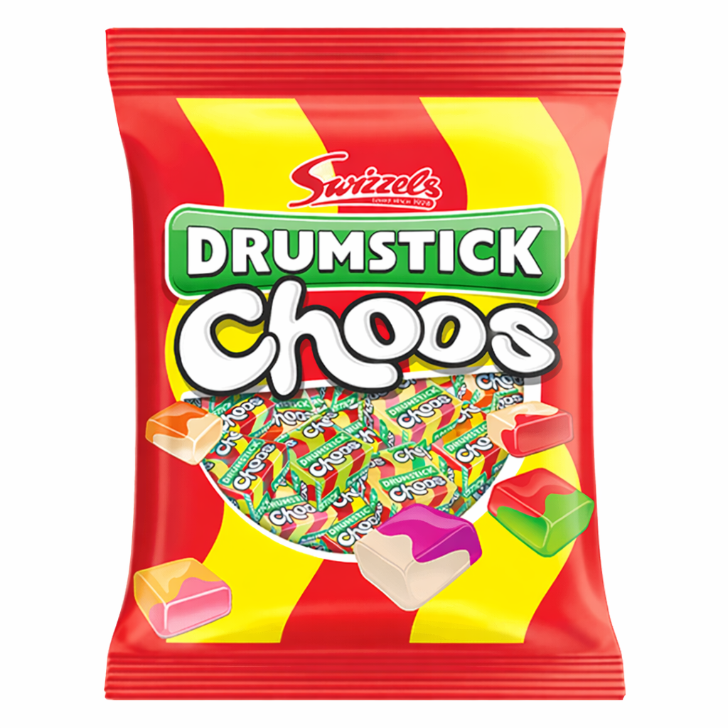 Swizzels Drumstick Choos Vegan Friendly 115g bag shown upright with red and yellow branded packaging on a pure white background.