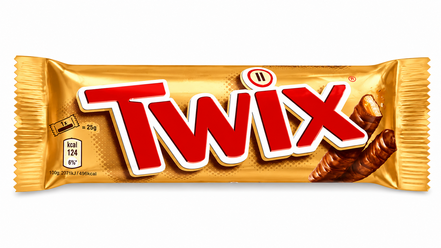 Twix chocolate bar packaging on a pure white background.