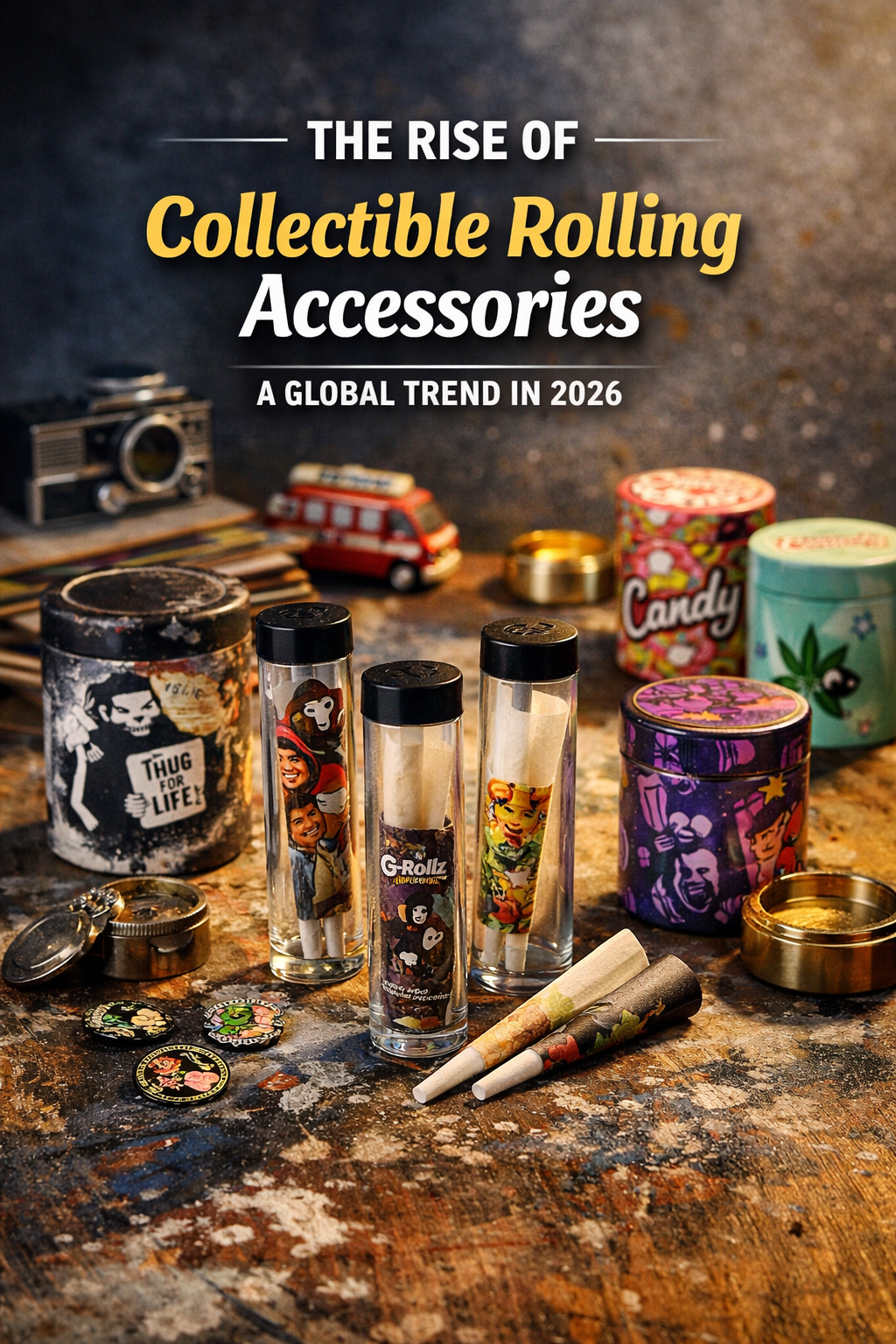 A flat‑lay display of collectible rolling accessories including G‑Rollz graffiti, Cheech & Chong, and candy‑themed pre‑rolled paper cones in glass holders, arranged on a textured wooden surface with artistic packaging and accessories.
