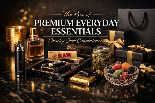 Luxury retail blog header featuring premium vape device, perfume bottle, rolling accessories, and confectionery items on a reflective black surface.