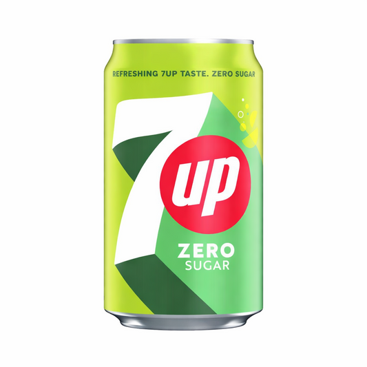 7UP Zero Sugar 330ml can shown upright with green and silver branded design on a pure white background.