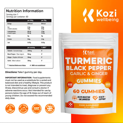 Kozi Wellbeing Health Supplement Turmeric Black Pepper Gummies 60 Pack High Strength