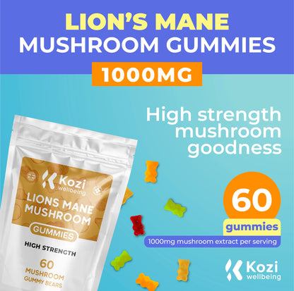 Kozi Wellbeing Health Supplement Lions Mane Mushroom Gummies 60 Pack High Strength